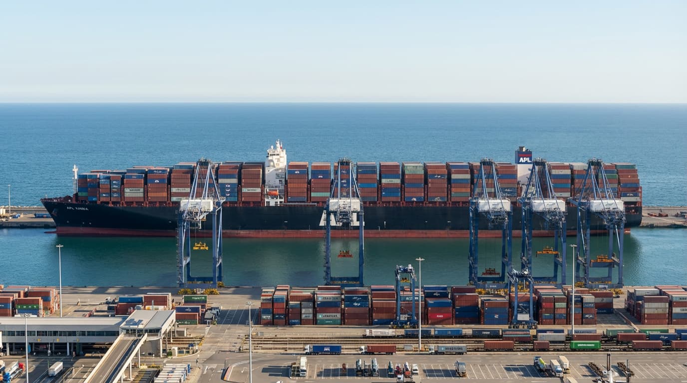 Cargo ship being loaded at a busy shipping port